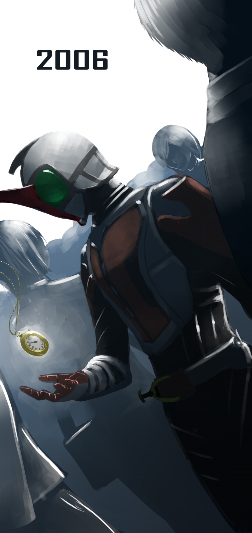 lamchunhin, kamen rider kabuto, kamen rider, kamen rider kabuto (series), highres, 1boy, belt, dutch angle, horns, male focus, pocket watch, single horn, solo, watch