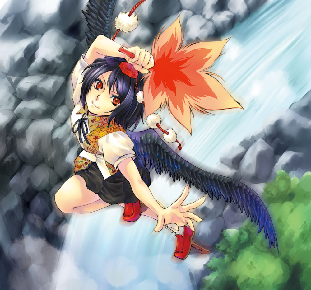 undead redstar, shameimaru aya, touhou, bad id, bad pixiv id, 1girl, black hair, black wings, female focus, geta, hand fan, hat, looking at viewer, red eyes, short hair, smile, solo, tengu-geta, tokin hat, wings