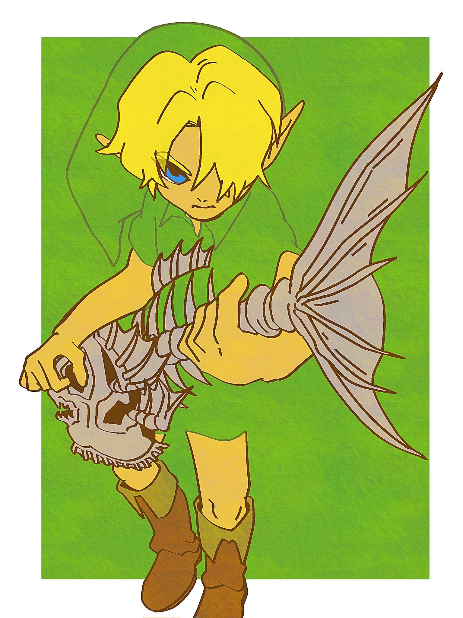 nasagina, link, young link, nintendo, the legend of zelda, the legend of zelda: majora's mask, highres, 1boy, arms up, blonde hair, blue eyes, boots, border, brown boots, closed mouth, collared shirt, fish skeleton, frown, green tunic, hair over one eye, holding, holding instrument, instrument, long pointy ears, male focus, one eye covered, outside border, parted hair, pointy ears, shirt, short sleeves, solo, standing, tunic, white border