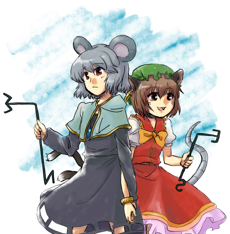 aichi, chen, nazrin, touhou, colorized, 2girls, animal ears, brown hair, cat ears, cat girl, cat tail, dress, earrings, female focus, grey hair, hat, holding hands, jewelry, mouse ears, mouse tail, multiple girls, multiple tails, pendant, red eyes, short hair, tail, white background
