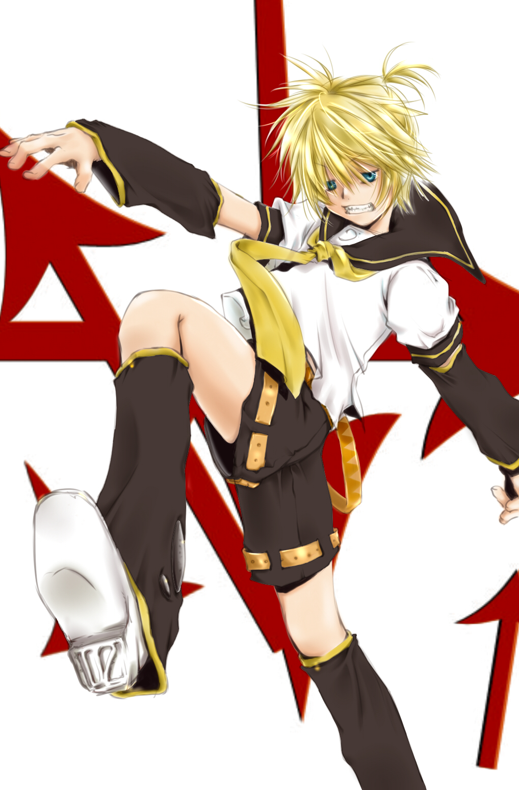 nitro neji, kagamine len, vocaloid, bad id, bad pixiv id, highres, 1boy, blonde hair, blue eyes, detached sleeves, headphones, male focus, necktie, short hair, shorts, smile, solo, yellow necktie