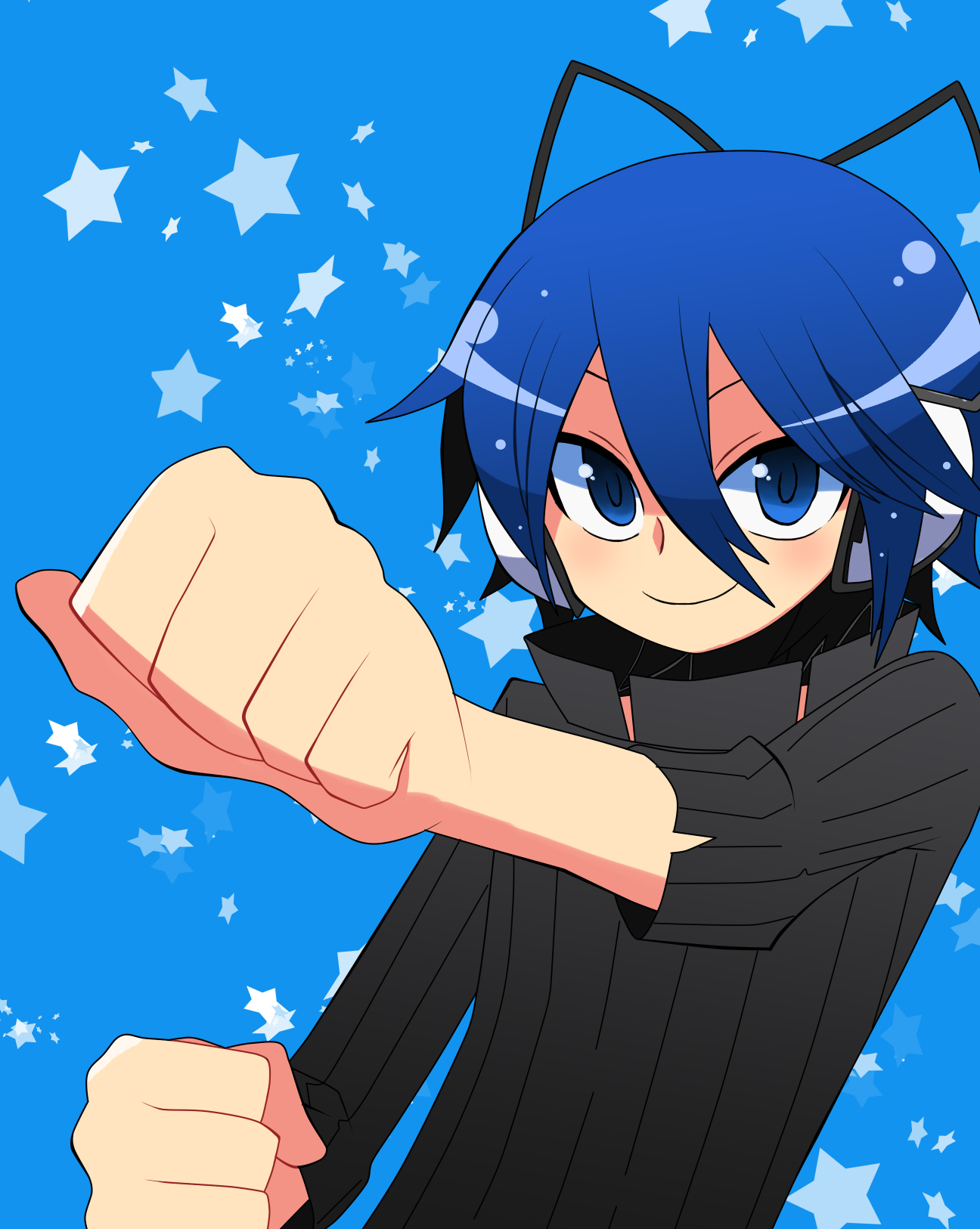 ame un ta, protagonist (devil survivor), devil survivor (series), devil survivor 1, highres, 1boy, blue eyes, blue hair, headphones, male focus, matching hair/eyes, short hair, smile, solo, upper body