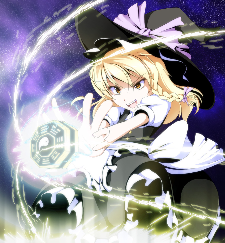 tri, kirisame marisa, touhou, 1girl, blonde hair, bow, braid, fangs, female focus, frills, grin, hat, mini-hakkero, open mouth, short hair, skirt, smile, solo, trigram, witch, witch hat, yellow eyes, yin yang