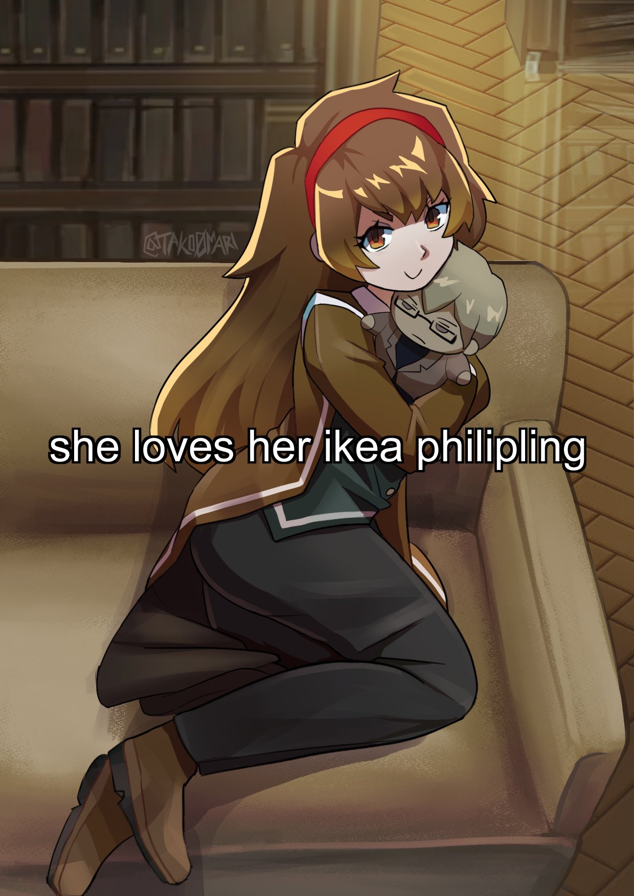 tako0mari, malkuth (project moon), philip (project moon), library of ruina, project moon, commentary, english commentary, highres, 1girl, black pants, bookshelf, brown eyes, brown hair, brown jacket, brown shoes, character doll, closed mouth, doll, hairband, indoors, jacket, library, long hair, looking at viewer, pants, red hairband, shoes, smile, wooden floor