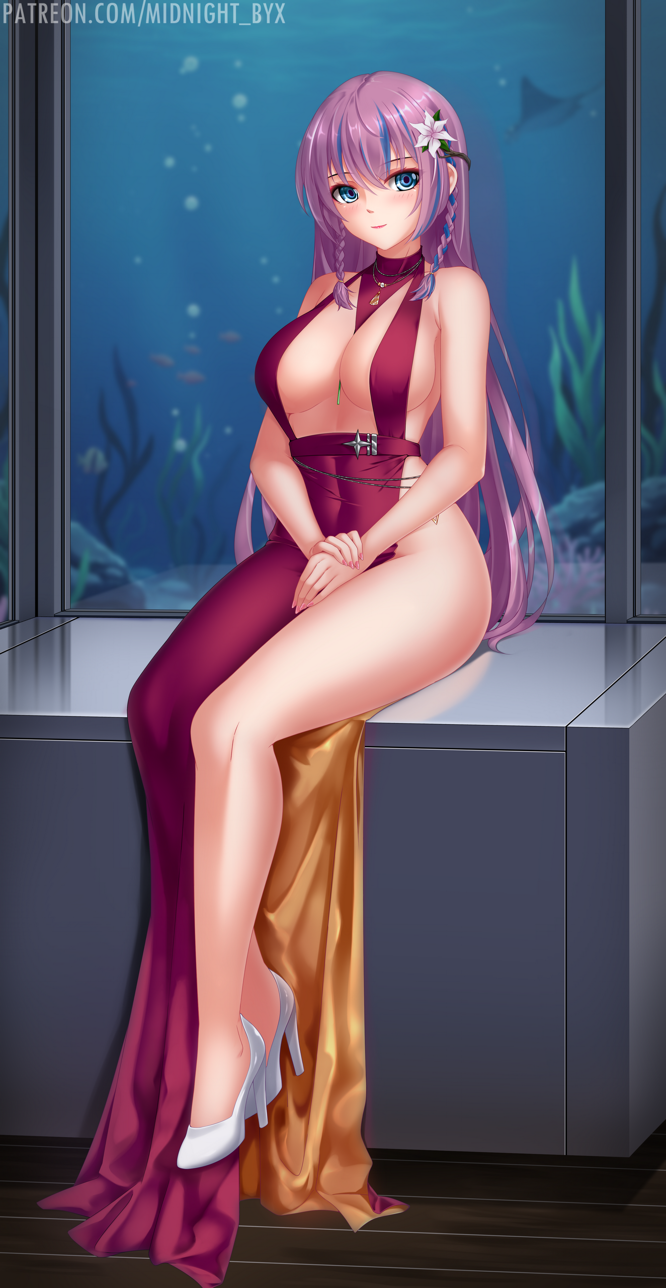 midnight (banyex), original, absurdres, highres, 1girl, blue eyes, blue hair, braid, breasts, cleavage, covered navel, dress, evening gown, flower, gold dress, hair flower, hair ornament, high heels, jewelry, large breasts, long hair, looking at viewer, multicolored hair, necklace, no panties, purple hair, red dress, sideboob, sitting, solo, streaked hair, twin braids, two-sided dress, two-sided fabric, two-tone hair, watermark, web address