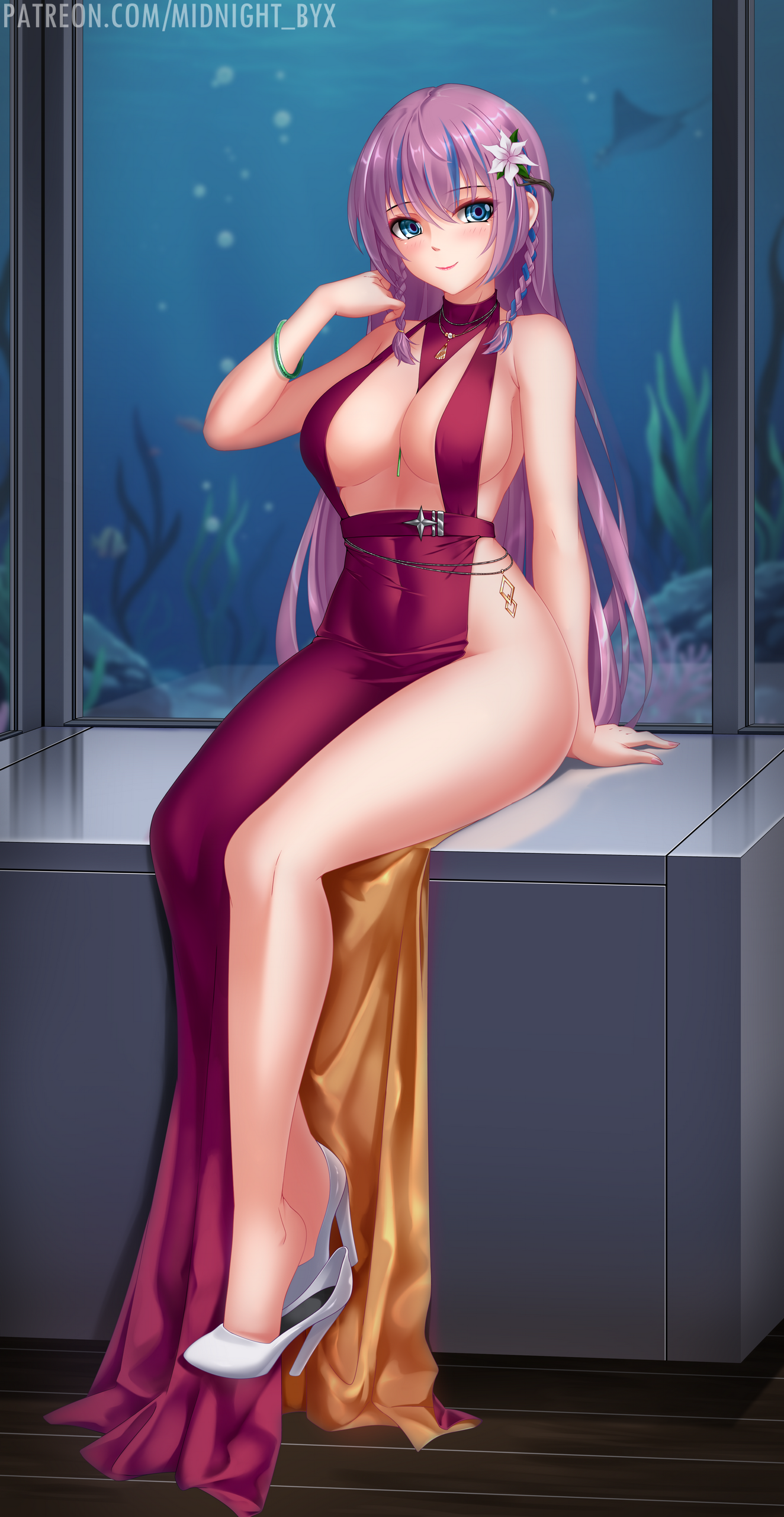midnight (banyex), original, absurdres, highres, 1girl, blue eyes, blue hair, bracelet, braid, breasts, cleavage, covered navel, dress, evening gown, flower, gold dress, hair flower, hair ornament, high heels, jewelry, large breasts, long hair, looking at viewer, multicolored hair, necklace, no panties, purple hair, red dress, sideboob, sitting, solo, streaked hair, twin braids, two-sided dress, two-sided fabric, two-tone hair, watermark, web address