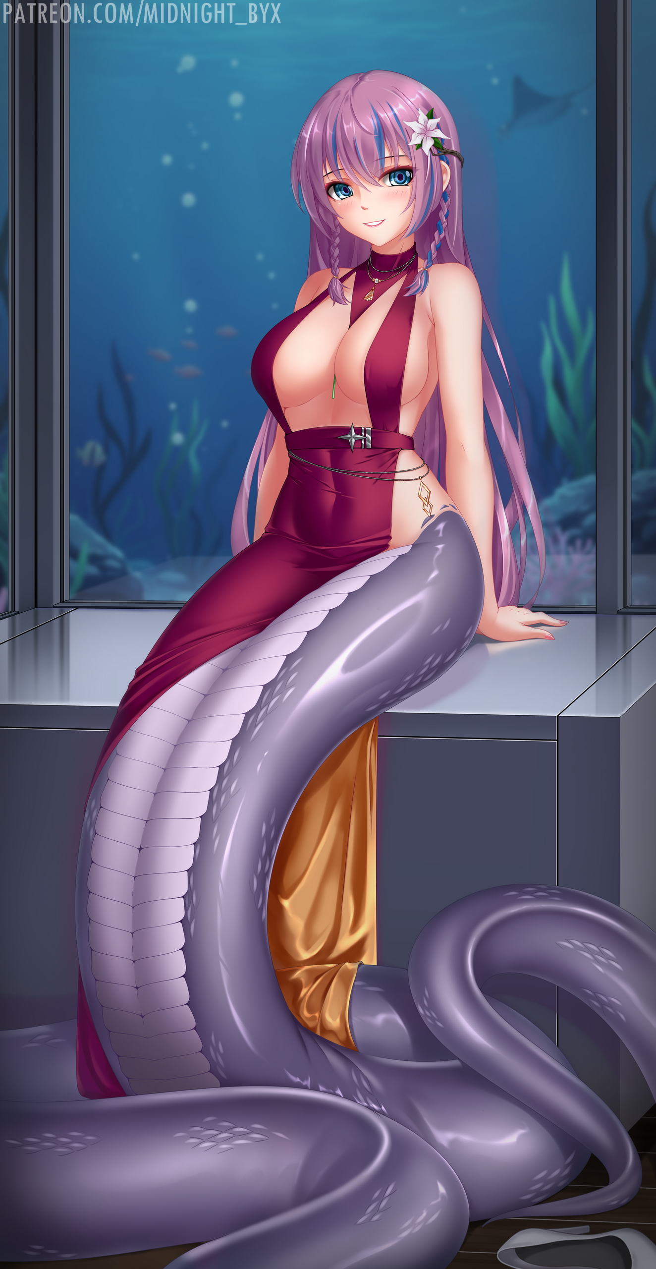 midnight (banyex), original, absurdres, highres, 1girl, blue eyes, blue hair, braid, breasts, cleavage, covered navel, dress, evening gown, flower, gold dress, hair flower, hair ornament, jewelry, lamia, large breasts, long hair, looking at viewer, monster girl, multicolored hair, necklace, no panties, purple hair, red dress, sideboob, sitting, solo, streaked hair, twin braids, two-sided dress, two-sided fabric, two-tone hair, watermark, web address