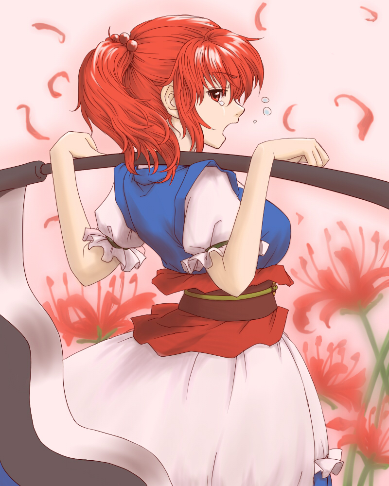 abo, abo (hechouchou), onozuka komachi, touhou, bad id, bad pixiv id, 1girl, breasts, female focus, from behind, looking back, red eyes, red hair, scythe, short hair, solo, tears, twintails, two side up, yawning