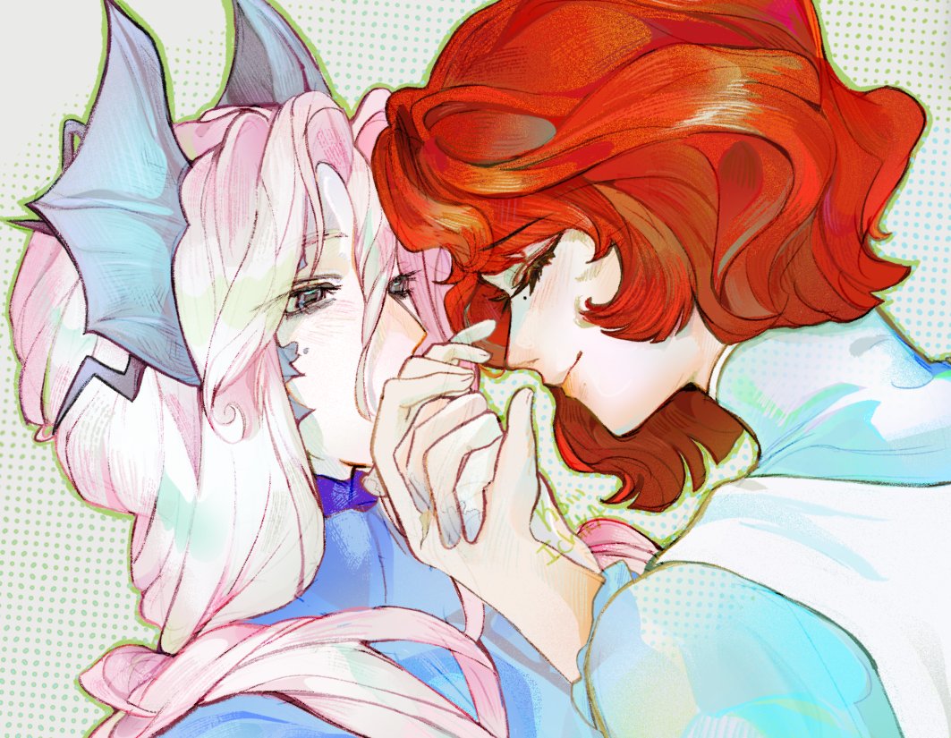 reverse:1999, commentary, english commentary, 2girls, blue jacket, blue shirt, closed eyes, face-to-face, from side, grey background, grey eyes, grey hair, hair ornament, halftone, halftone background, hand up, holding hands, jacket, koiii (ichikakoiii), looking at another, marsha (reverse:1999), multiple girls, portrait, profile, red hair, sentinel (reverse:1999), shirt, short hair, yuri