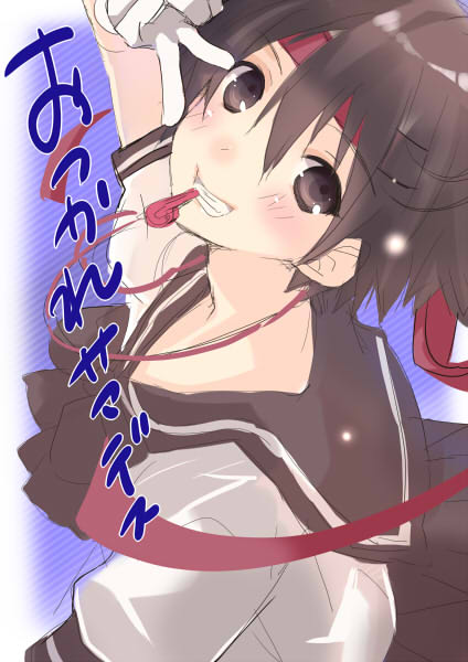 taira tsukune, kikuchi makoto, idolmaster, idolmaster (classic), 00s, black hair, gloves, headband, school uniform, short hair, solo, v