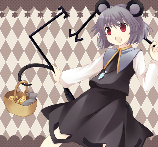 takase kanan, nazrin, touhou, bad id, bad pixiv id, 1girl, animal ears, basket, female focus, grey hair, jewelry, mouse (animal), mouse ears, mouse tail, pendant, red eyes, short hair, solo, standing, tail