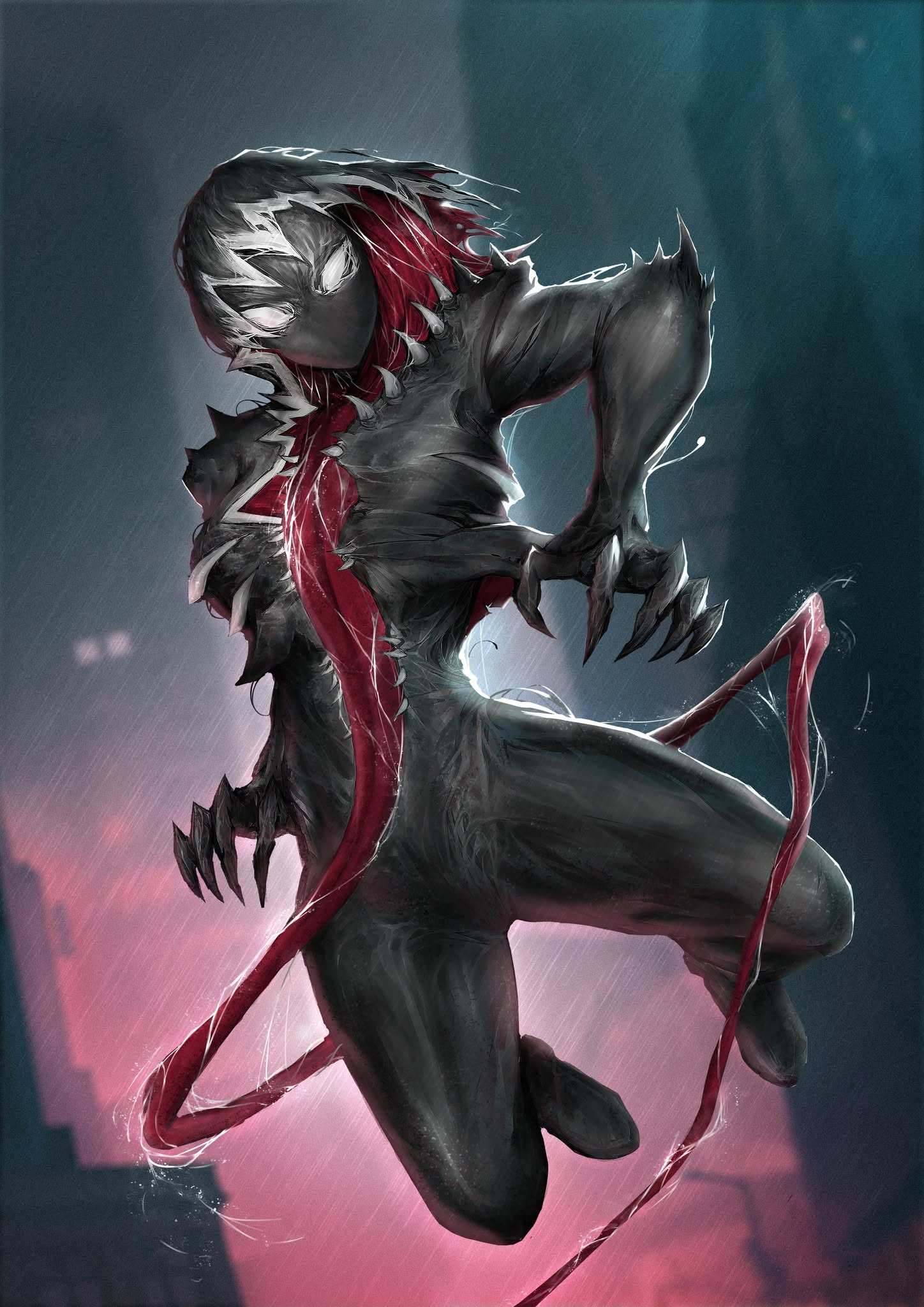 gwen stacy, gwenom, spider-gwen, venom (marvel), marvel, spider-man (series), commentary, english commentary, highres, 1girl, black bodysuit, bodysuit, dark persona, forked tongue, formal clothes, full body, fungkob dtm, hood, long tongue, looking at viewer, sharp teeth, solo, suit, symbiote, teeth, thighs, tongue, very long tongue