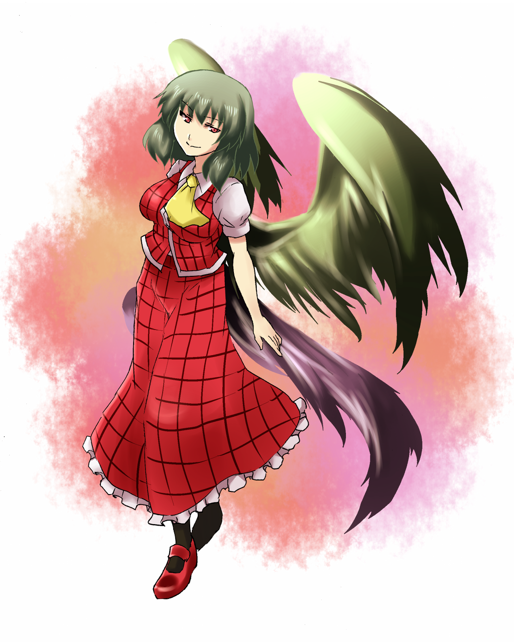 reon (pixiv), reon (saikyou), kazami yuuka, mima (touhou), seihou, touhou, touhou (pc-98), highres, 1girl, ascot, breasts, female focus, green hair, large breasts, mary janes, plaid clothes, plaid skirt, plaid vest, red eyes, shoes, short hair, skirt, skirt set, smile, solo, vest, wings