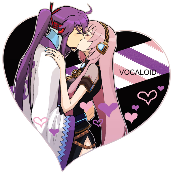 meka00, kamui gakupo, megurine luka, vocaloid, bad id, 1boy, 1girl, ahoge, couple, headphones, heart, hetero, kiss, long hair, pink hair, ponytail, purple hair, very long hair