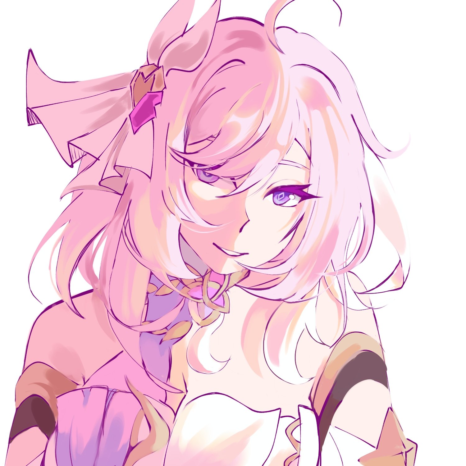 elysia (herrscher of human: ego) (honkai impact), elysia (honkai impact), honkai (series), honkai impact 3rd, hashtag-only commentary, highres, 1girl, bare shoulders, breasts, cleavage, corset, diamond-shaped pupils, diamond (shape), ic0n aik0, large breasts, long hair, looking at viewer, parted lips, pink hair, purple eyes, simple background, solo, symbol-shaped pupils, triquetra, upper body, white background, white corset