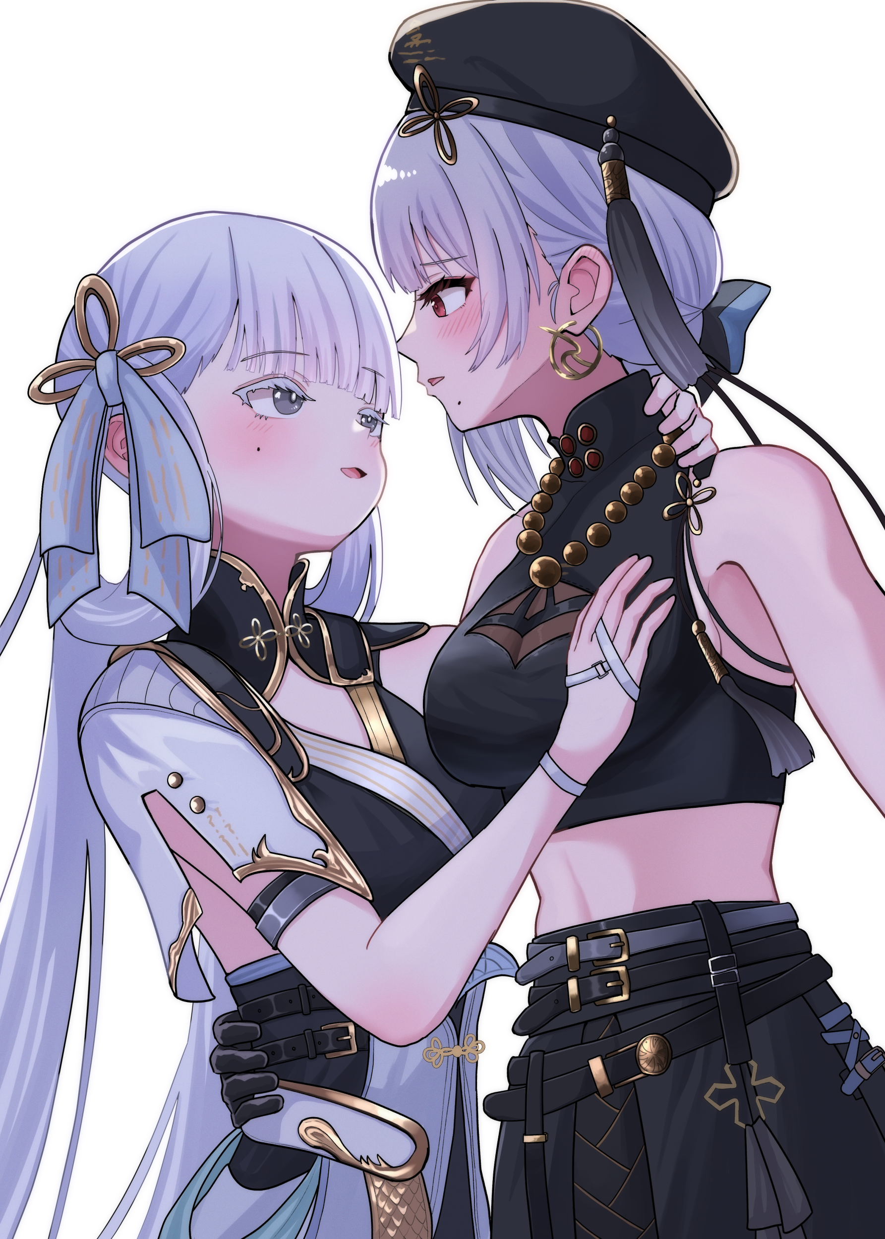 dinotodon, jinhsi (wuthering waves), sanhua (wuthering waves), wuthering waves, absurdres, commentary, highres, 2girls, bare shoulders, bead necklace, beads, beret, black collar, black dress, black gloves, black hat, black shirt, blush, bow, breasts, bright pupils, collar, colored eyelashes, crop top, dress, earrings, eye contact, gloves, grey eyes, grey hair, hair bow, hair rings, hat, jewelry, looking at another, medium breasts, mole, mole on cheek, mole under mouth, multiple girls, necklace, parted lips, red eyes, shirt, short hair, simple background, sleeveless, sleeveless shirt, smile, white background, white bow, white eyelashes, white hair, white pupils, yuri