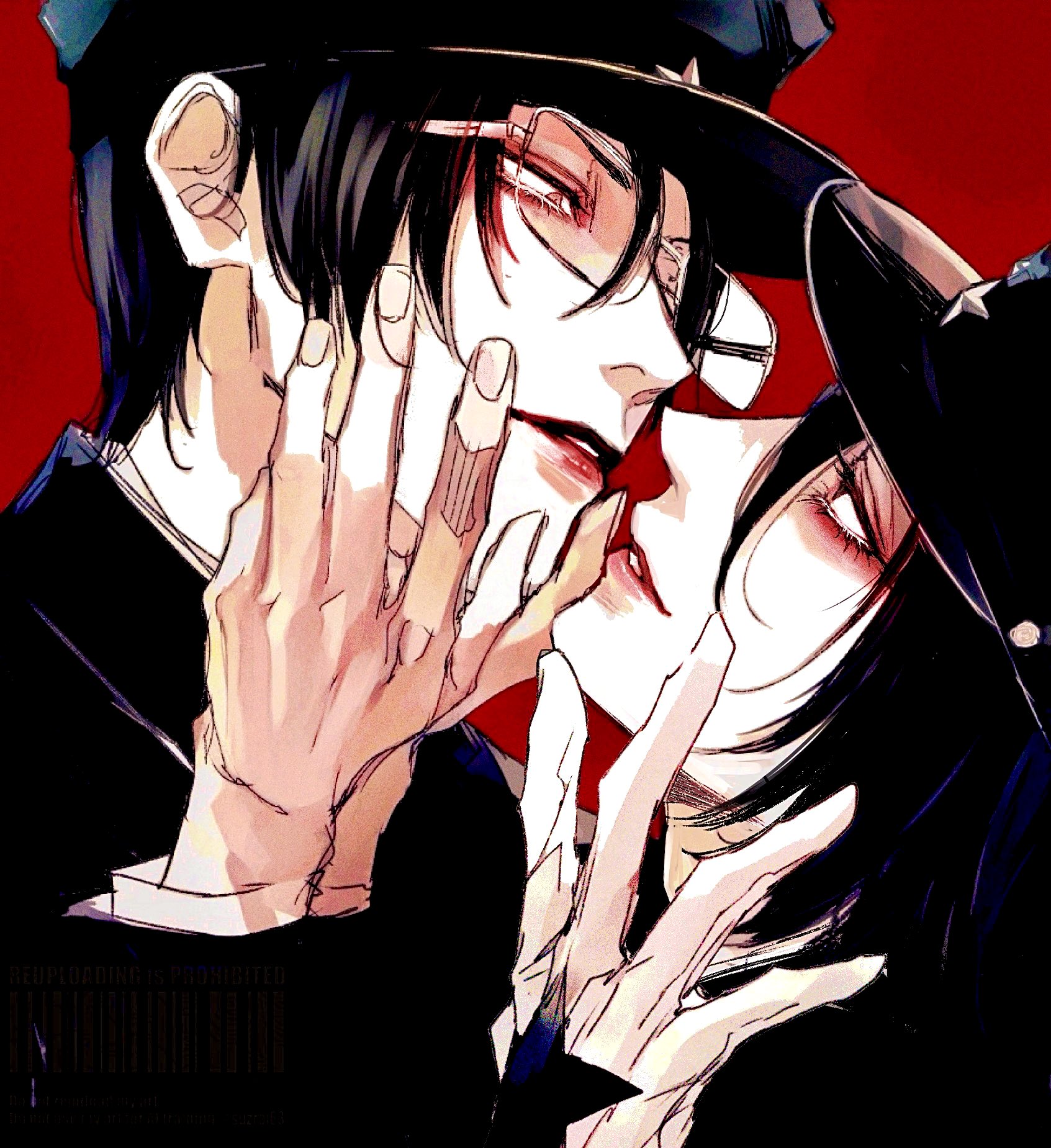 kaneda riku, zera (litchi hikari club), litchi hikari club, commentary request, highres, 2boys, arm up, black hat, black jacket, collared jacket, eye contact, glasses, hand on another's face, hat, imminent kiss, jacket, layered sleeves, lips, long sleeves, looking at another, male focus, multiple boys, parted lips, peaked cap, profile, rectangular eyewear, red background, shirt, simple background, suzrai63, upper body, white shirt, yaoi