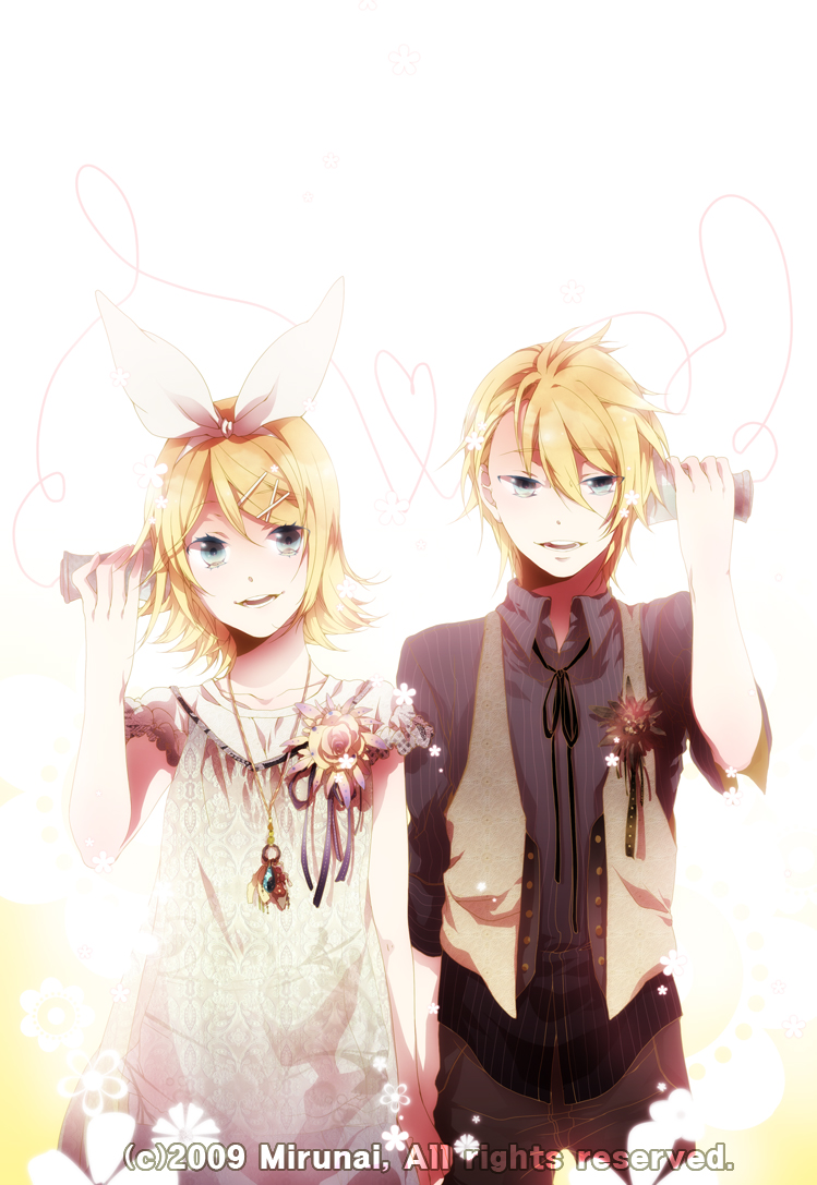 mirunai, kagamine len, kagamine rin, vocaloid, 1boy, 1girl, blonde hair, blue eyes, brother and sister, dress, flower, hair ornament, hair ribbon, hairclip, hetero, holding hands, phone, ribbon, short hair, siblings, smile, string phone, twins
