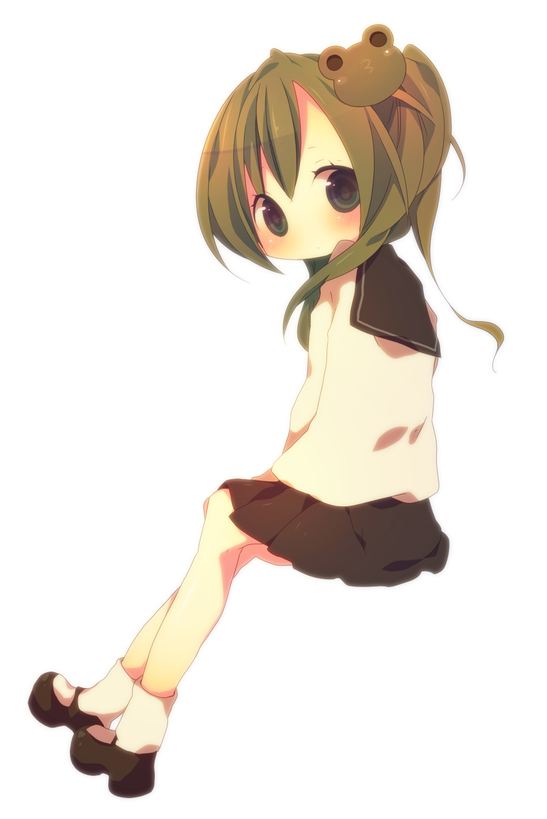 ana (rznuscrf), kochiya sanae, touhou, bad id, bad pixiv id, highres, 1girl, aged down, alternate costume, bloom, child, female focus, frog, green hair, looking back, school uniform, serafuku, sitting, solo