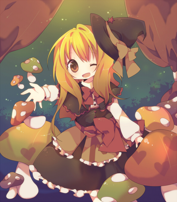 ana (rznuscrf), kirisame marisa, touhou, 1girl, :d, blonde hair, brown eyes, female focus, gradient hair, hat, heart, multicolored hair, mushroom, one eye closed, open mouth, outstretched arm, outstretched hand, smile, solo, wink, witch, witch hat