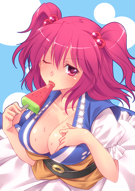 kyasurei, takahina, onozuka komachi, touhou, bad id, bad pixiv id, 1girl, breasts, cleavage, female focus, food, hair bobbles, hair ornament, large breasts, one eye closed, pink hair, popsicle, short hair, solo, twintails, two side up, watermelon bar, wink