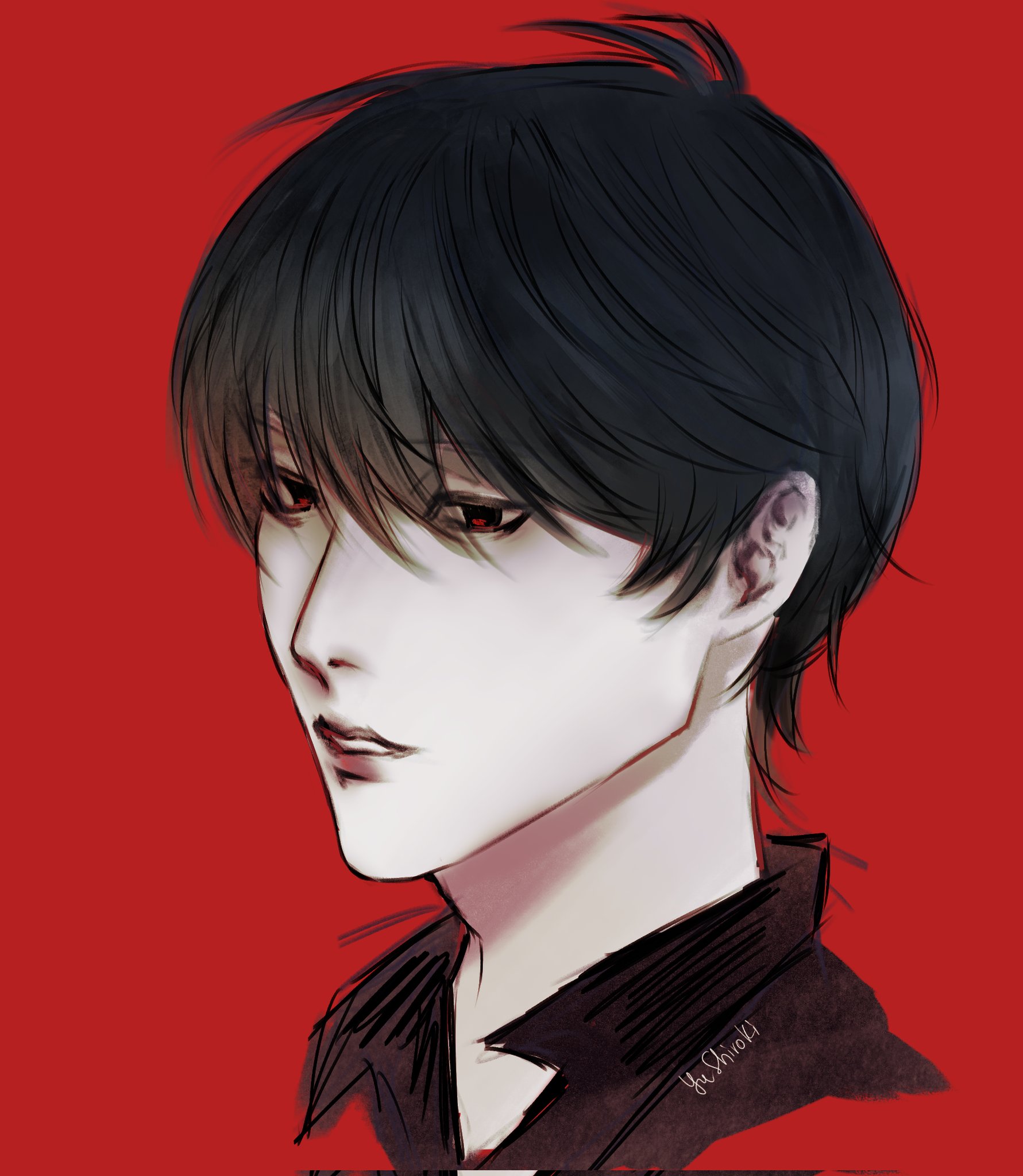 yu shiro ki, kim dokja, omniscient reader's viewpoint, commentary, english commentary, highres, 1boy, aegyo sal, black eyes, black hair, black shirt, collared shirt, cropped shoulders, looking to the side, male focus, parted lips, portrait, shirt, short hair, solo