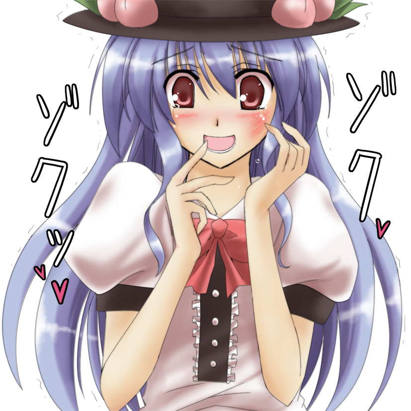 sakurame, hinanawi tenshi, touhou, bad id, bad pixiv id, 1girl, blue hair, blush, female focus, hat, open mouth, red eyes, solo, tears, trembling