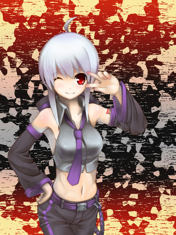 nekotama (tsuki), yowane haku, vocaloid, silver hair, ahoge, blouse, detached sleeves, grey shirt, headphones, long hair, looking at viewer, midriff, necktie, one eye closed, red eyes, ribbon, shirt, solo, v, wink