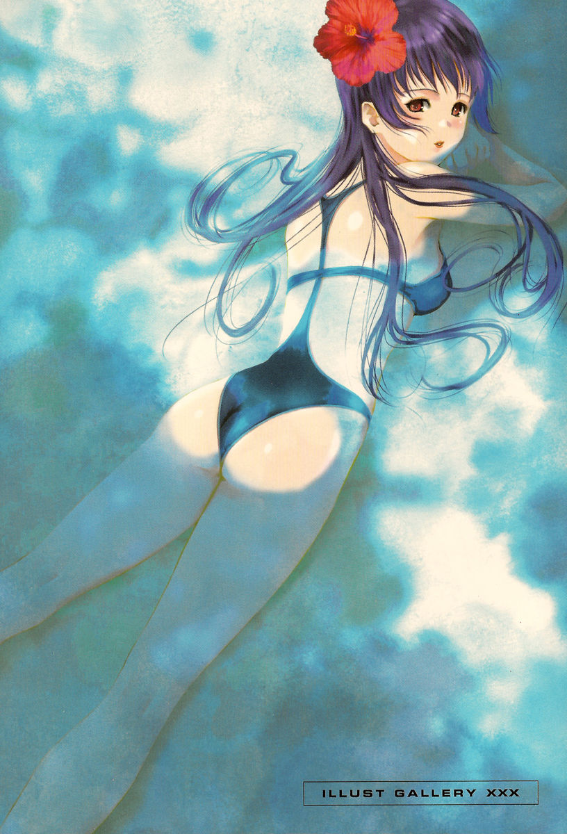 mikimoto haruhiko, natalie felicetta, ecole du ciel, gundam, highres, scan, ass, back, bikini, black bikini, brown eyes, flower, hair flower, hair ornament, hibiscus, long hair, looking back, purple hair, solo, swimsuit, water