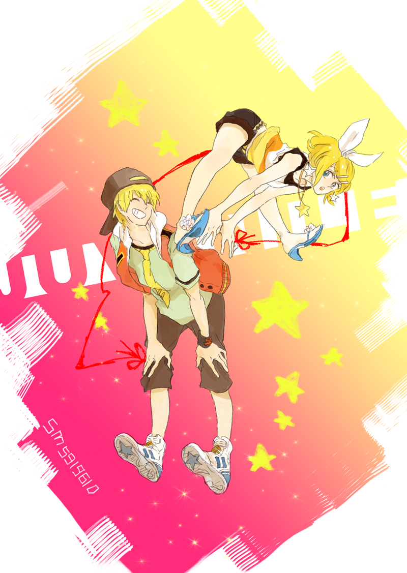 gutyeko, kagamine len, kagamine rin, juvenile (vocaloid), vocaloid, bad id, bad pixiv id, 1boy, 1girl, baseball cap, blonde hair, blue eyes, brother and sister, casual, earrings, hair ornament, hair ribbon, hairclip, hat, hood, hoodie, jewelry, leap frog, ribbon, short hair, shorts, siblings, smile, string, string of fate, twins