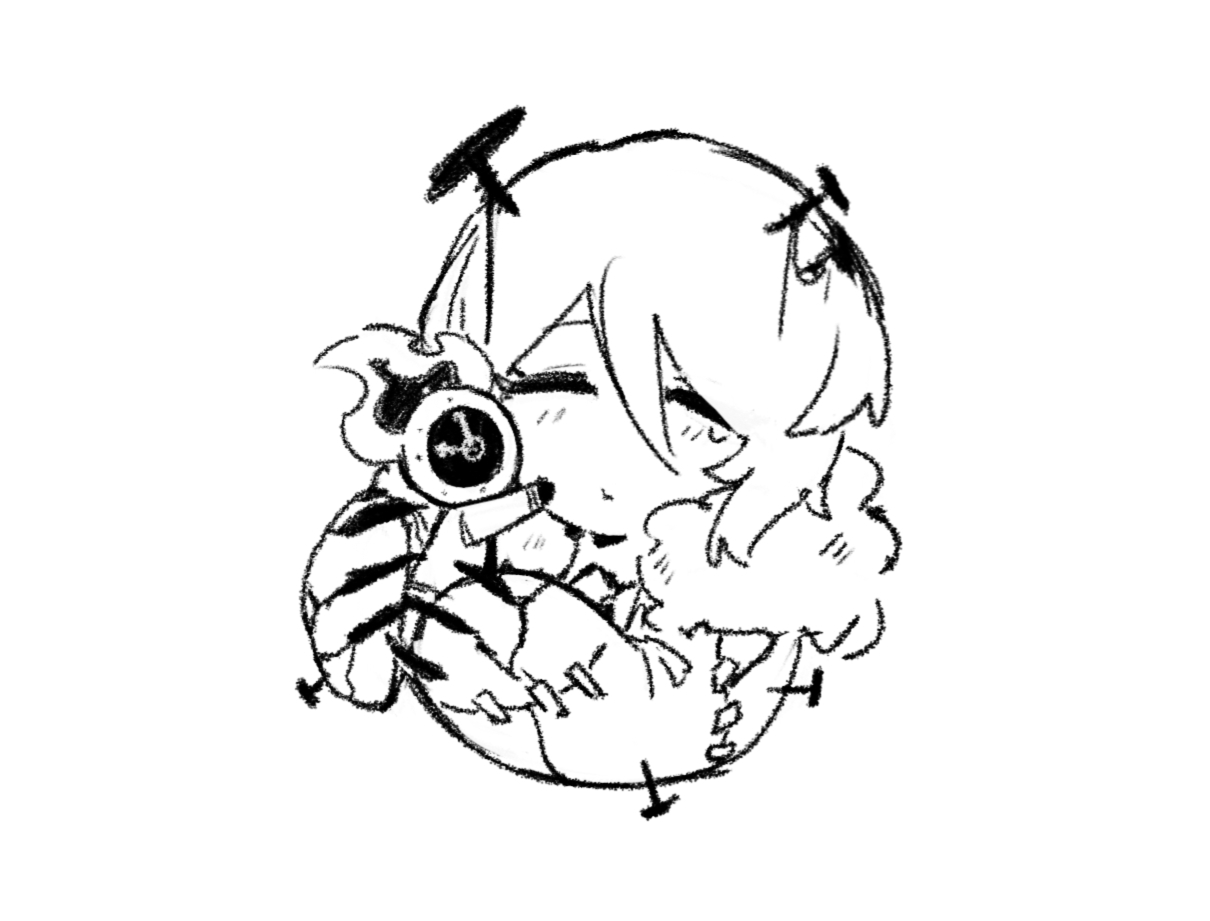 ivy (675671), dante (limbus company), faust (project moon), limbus company, project moon, commentary request, 1girl, 1other, blush, claws, closed eyes, closed mouth, e.g.o (project moon), greyscale, hands up, hex nail (e.g.o), holding, holding mini person, mini person, monochrome, nail (hardware), nail in head, nuzzle, paw sleeves, short hair, simple background, smile