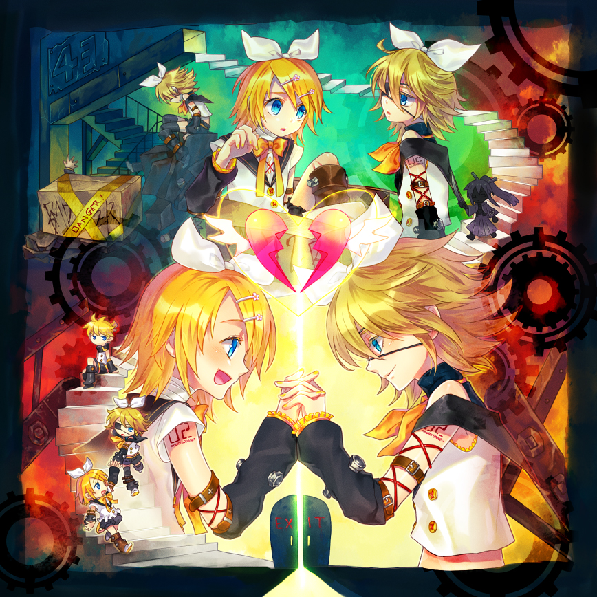 renta, renta (deja-vu), kagamine len, kagamine rin, kamui gakupo, neji to haguruma to pride (vocaloid), vocaloid, bad id, bad pixiv id, 1girl, 2boys, blonde hair, blue eyes, eyepatch, gears, hair ornament, hair ribbon, hairclip, heart, holding hands, multiple boys, ribbon, short hair, siblings, smile, stairs, twins