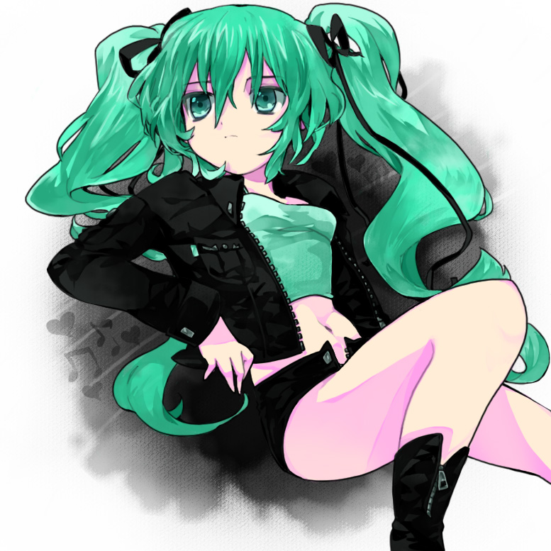 makino (sinobusan), hatsune miku, vocaloid, bad id, bad pixiv id, 1girl, aqua eyes, aqua hair, boots, female focus, hair ribbon, jacket, long hair, midriff, navel, ribbon, shorts, solo, twintails, white background