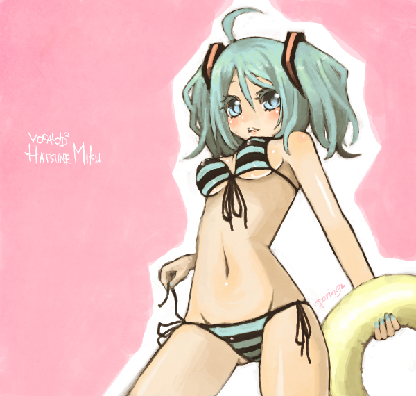 miyamae porin, hatsune miku, vocaloid, bad id, bad pixiv id, 1girl, ahoge, aqua eyes, aqua hair, bikini, breasts, female focus, front-tie top, innertube, side-tie bikini bottom, solo, swim ring, swimsuit, twintails