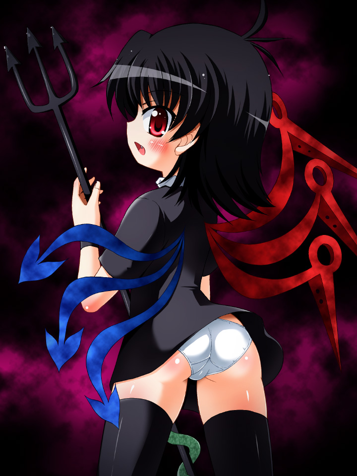 hino hino, houjuu nue, touhou, 1girl, ass, black hair, blush, fang, female focus, panties, polearm, red eyes, solo, spear, thighhighs, trident, underwear, weapon