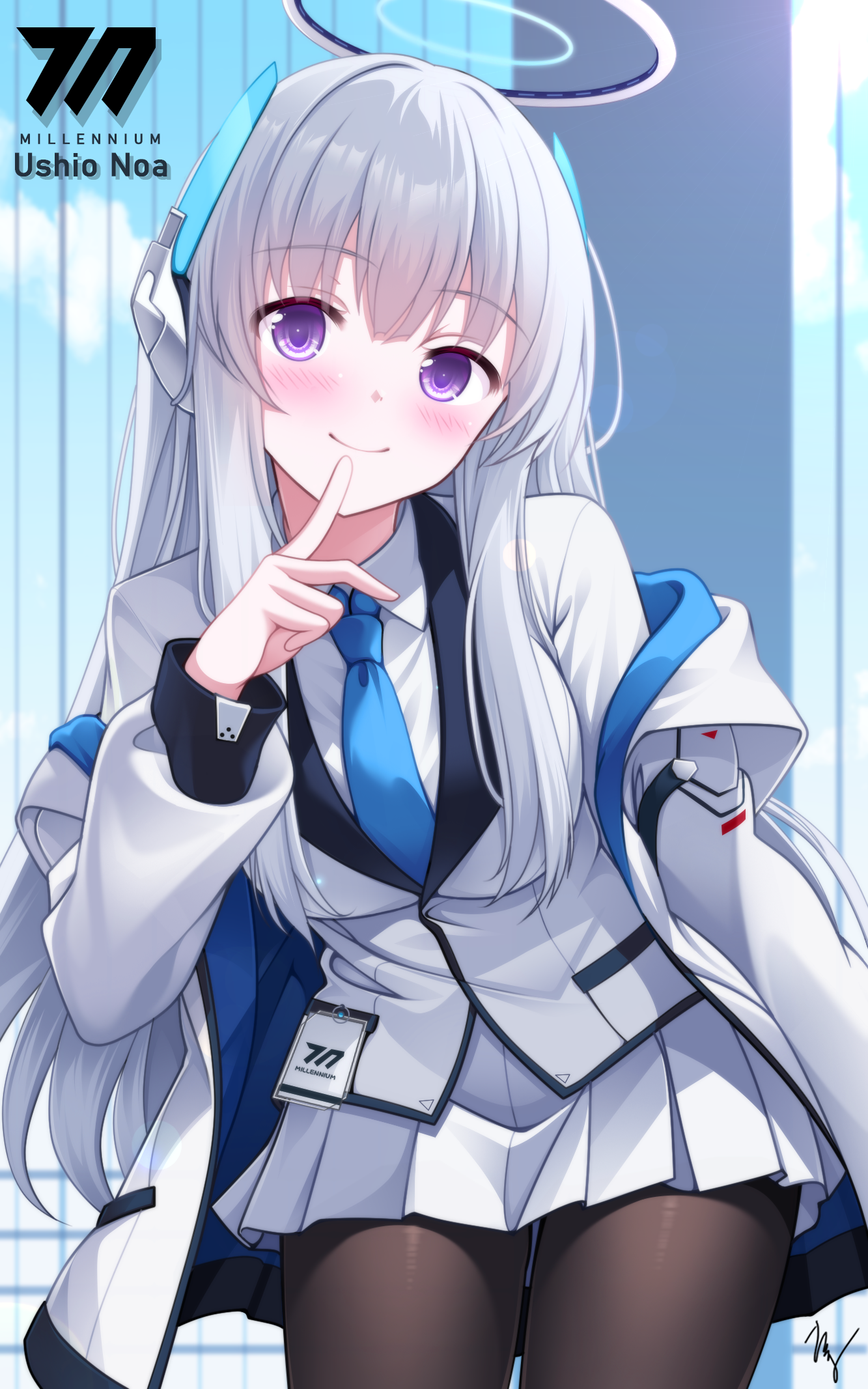 takuma (takumo7121), noa (blue archive), blue archive, commentary request, highres, 1girl, black pantyhose, black suit, blue necktie, blunt bangs, blush, breasts, character name, closed mouth, collared shirt, cowboy shot, day, eyes visible through hair, finger to mouth, formal clothes, grey hair, hair between eyes, halo, hand up, headgear, id card, index finger raised, indoors, jacket, jacket partially removed, large breasts, leaning forward, long hair, long sleeves, looking at viewer, mechanical halo, millennium science school logo, miniskirt, necktie, open clothes, open jacket, pantyhose, pleated skirt, purple eyes, school uniform, shirt, sidelocks, signature, skirt, smile, solo, straight hair, suit, tareme, thighs, very long hair, white halo, white jacket, white shirt, white skirt, window