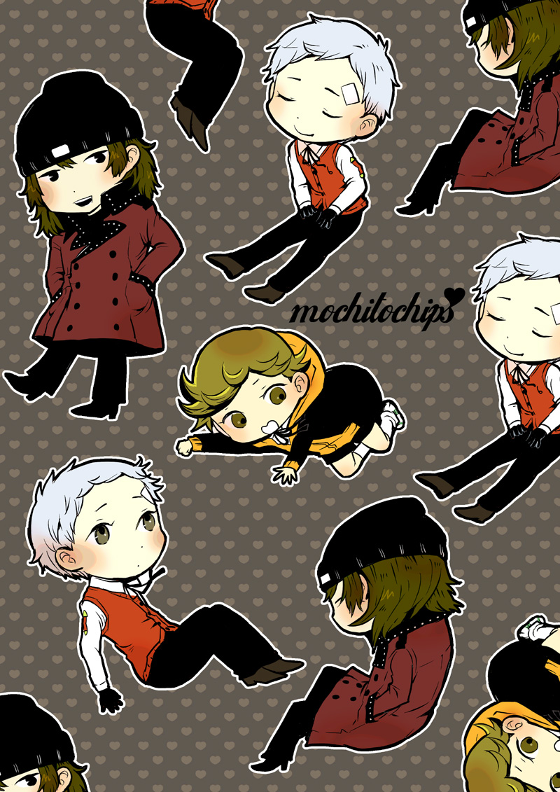 motsu (mot), amada ken, aragaki shinjirou, sanada akihiko, atlus, persona, persona 3, bad id, bad pixiv id, 3boys, chibi, closed eyes, male focus, multiple boys