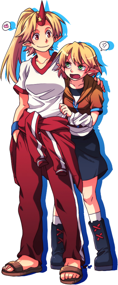 re ghotion, hoshiguma yuugi, mizuhashi parsee, touhou, bad id, bad pixiv id, 2girls, arm warmers, blonde hair, boots, female focus, green eyes, horns, long hair, multiple girls, pointy ears, ponytail, red eyes, sandals, scarf, short hair, single horn