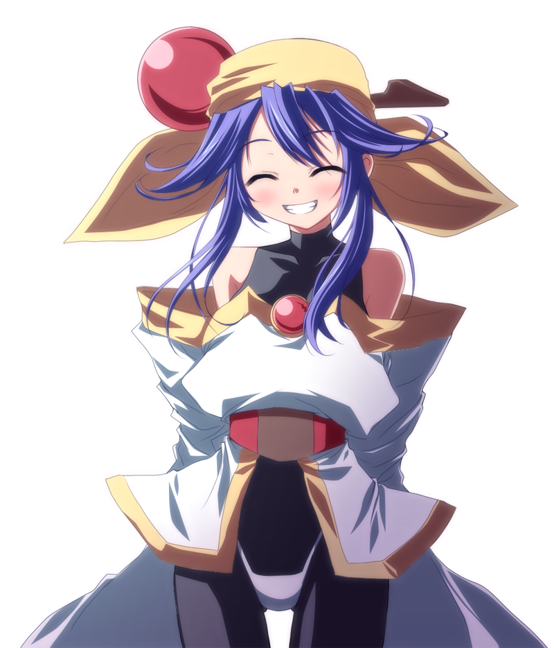 po (oq03), lime (saber j), saber marionette j, artist request, bad id, bad pixiv id, 1990s (style), 1girl, blue hair, closed eyes, female focus, grin, headscarf, japanese clothes, retro artstyle, smile, solo, spandex, white background, yellow headscarf