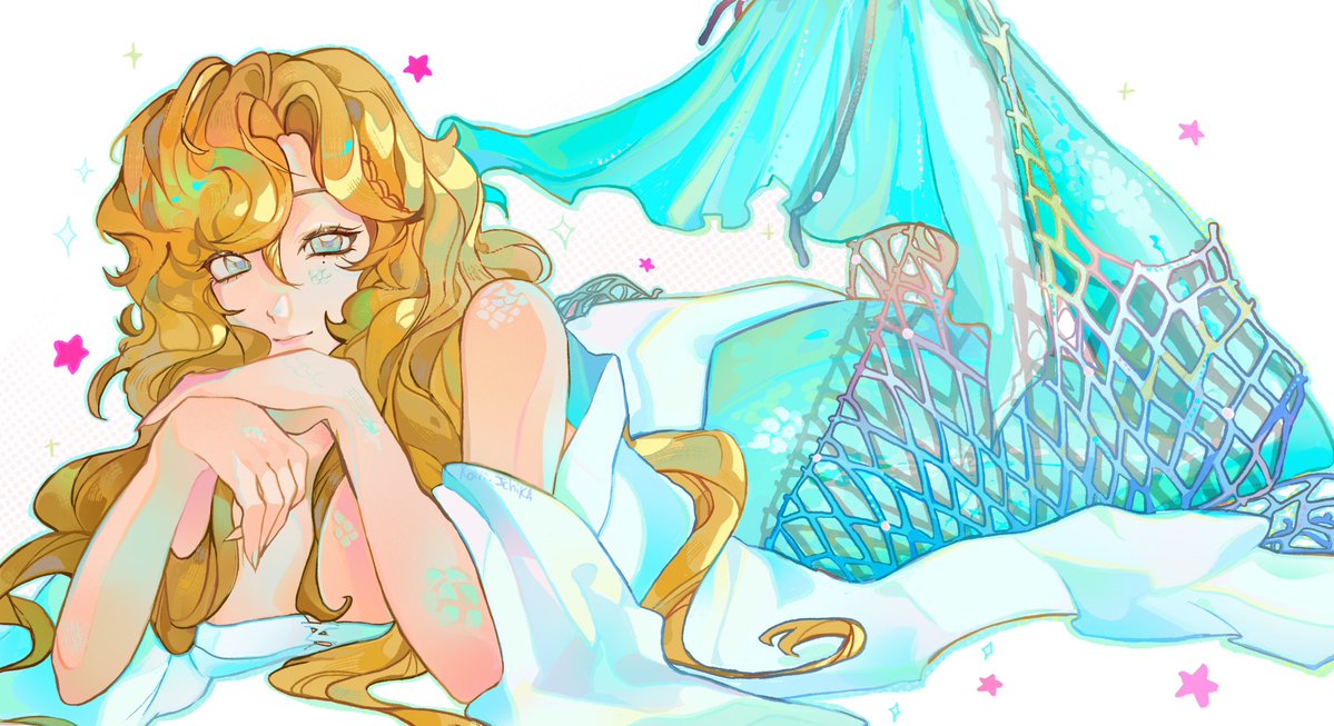 vila (reverse:1999), reverse:1999, commentary, english commentary, 1girl, bare arms, bare shoulders, blonde hair, blue eyes, closed mouth, dress, full body, head rest, koiii (ichikakoiii), long hair, looking at viewer, lying, mermaid, monster girl, off shoulder, on stomach, scales, smile, solo, star (symbol), the pose, white background, white dress