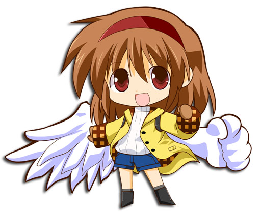 kannazuki yukito, tsukimiya ayu, eternal fighter zero, kanon, backpack, bag, brown hair, chibi, clenched hand, coat, denim, denim shorts, hairband, mittens, randoseru, red eyes, short hair, shorts, simple background, solo, white background, wings