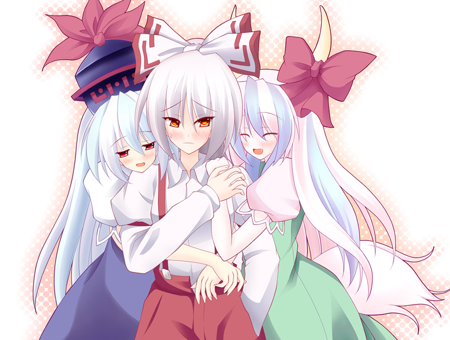 kyuubi (artist), ex-keine, fujiwara no mokou, kamishirasawa keine, touhou, silver hair, 3girls, blush, dual persona, female focus, hair ribbon, hat, horns, long hair, multiple girls, red eyes, ribbon, standing, tail, white background