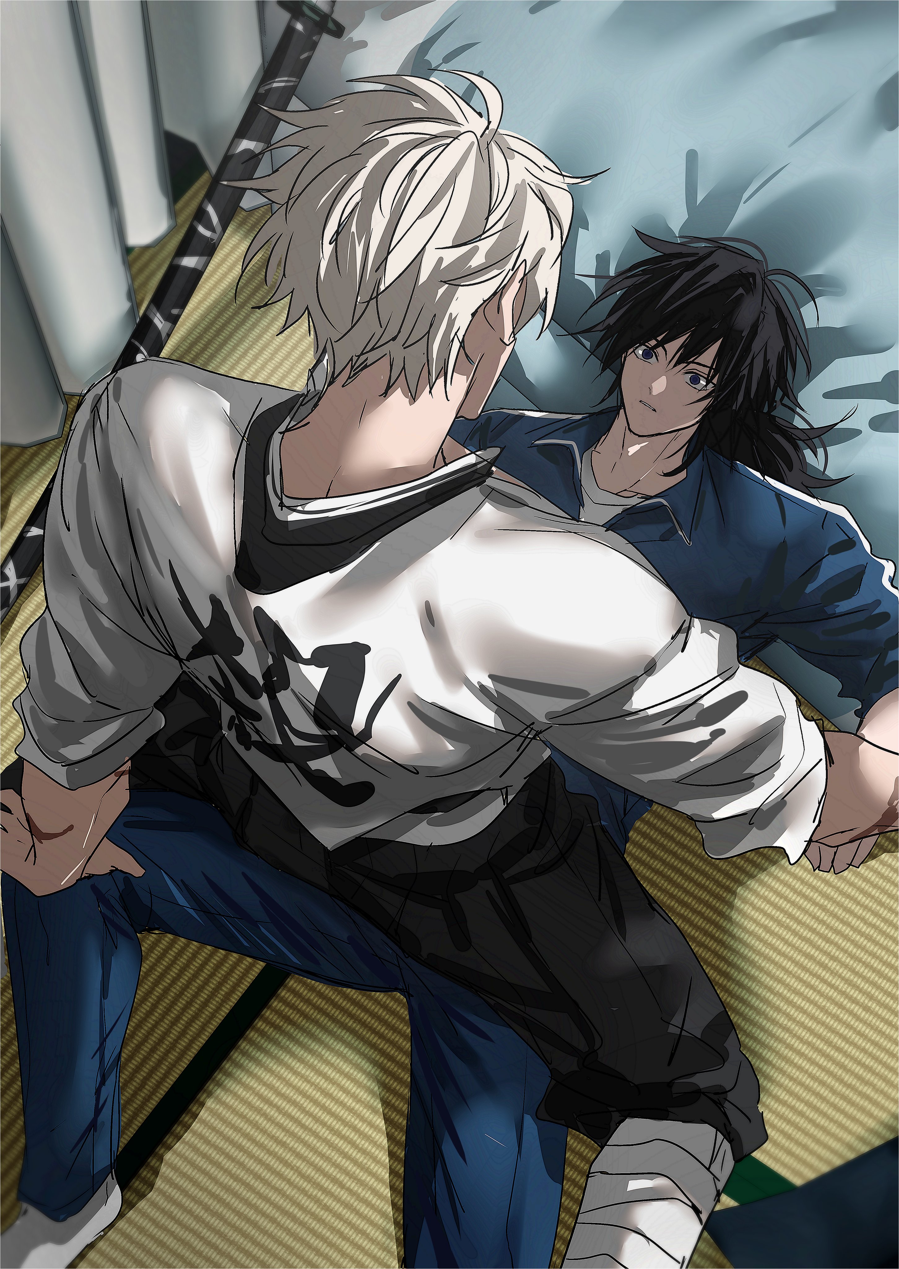 shinazugawa sanemi, tomioka giyuu, kimetsu no yaiba, absurdres, commentary request, highres, korean commentary, black pants, blue eyes, blue jacket, blue pants, boy on top, from above, grey hair, hair between eyes, indoors, jacket, katana, long hair, low ponytail, pants, parted lips, ponytail, short hair, spiked hair, sword, teeth, urara0408, weapon, yaoi