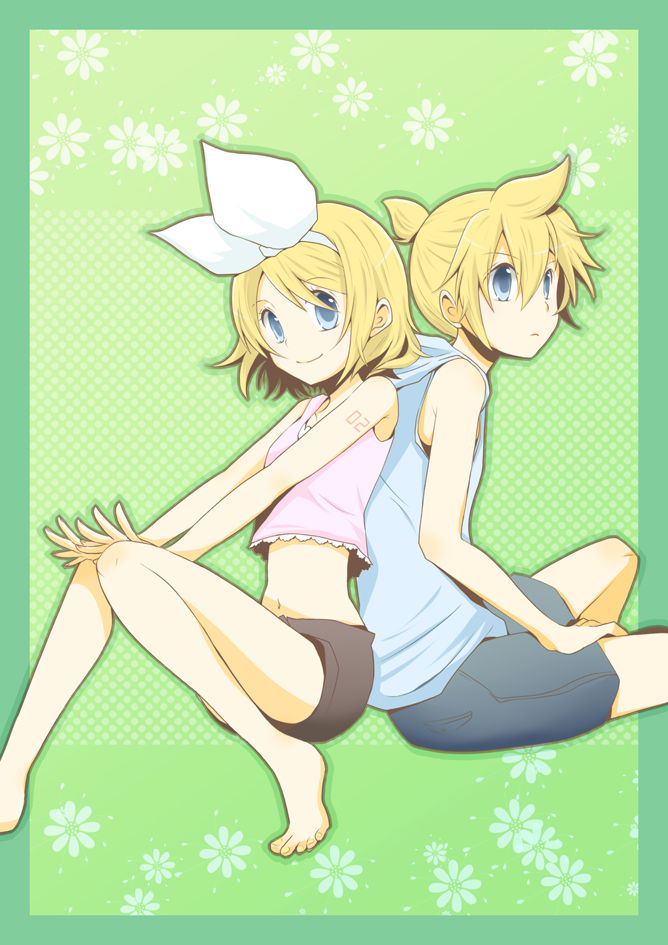 matsumaro, matsyumaro, kagamine len, kagamine rin, vocaloid, bad id, bad pixiv id, 1boy, 1girl, back-to-back, barefoot, blonde hair, blue eyes, brother and sister, casual, hair ribbon, midriff, navel, ribbon, short hair, shorts, siblings, smile, twins