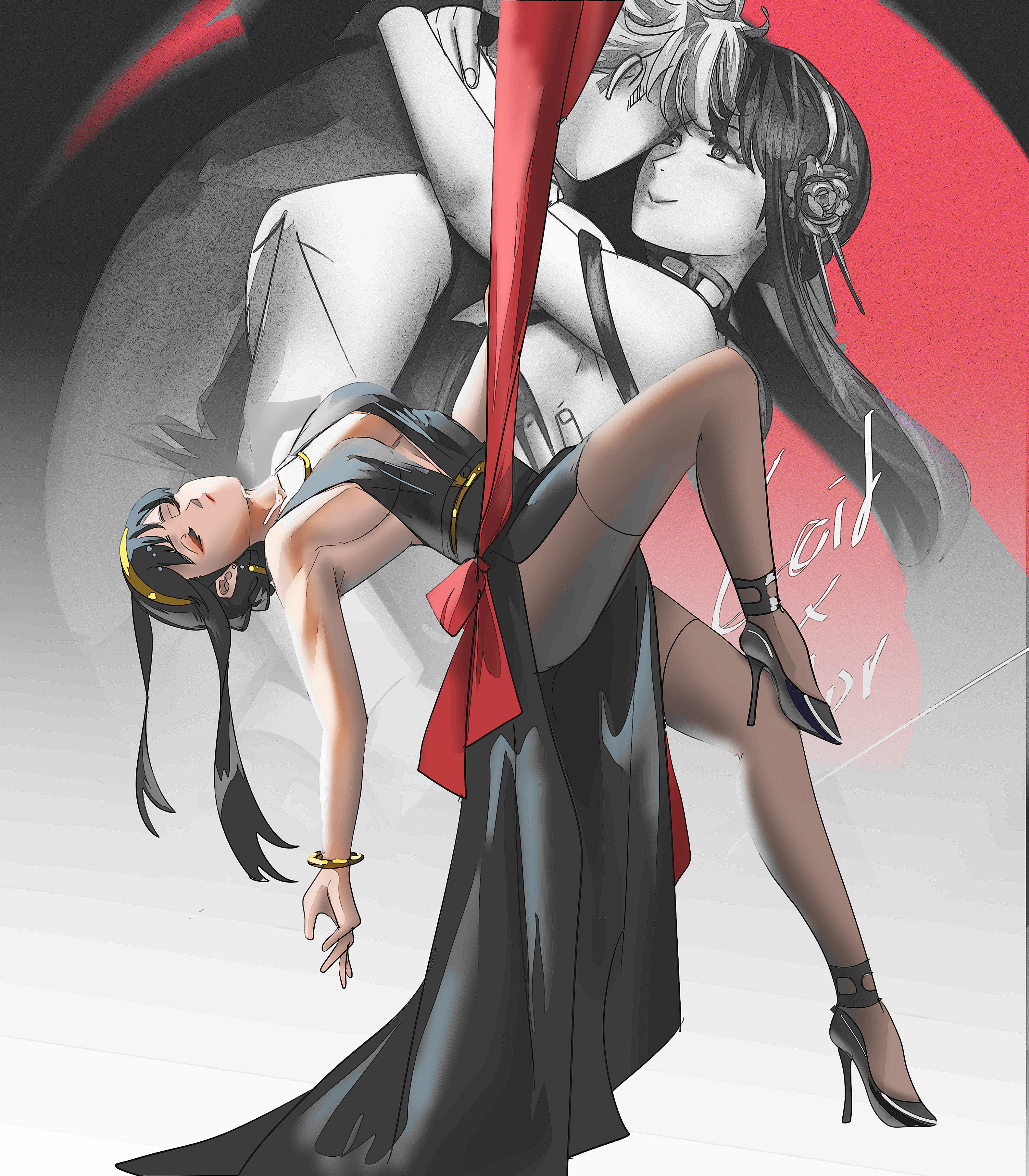 notgustiarp, twilight (spy x family), yor briar, spy x family, absurdres, commentary, highres, 1boy, 1girl, black dress, black hair, black shoes, bracelet, breasts, character name, closed eyes, dress, eyeshadow, full body, hair bun, hairband, hanging, high heels, hug, jewelry, makeup, pantyhose, red eyeshadow, see-through clothes, see-through dress, shoes, short hair, side slit, sideboob, sidelocks, smile, vest