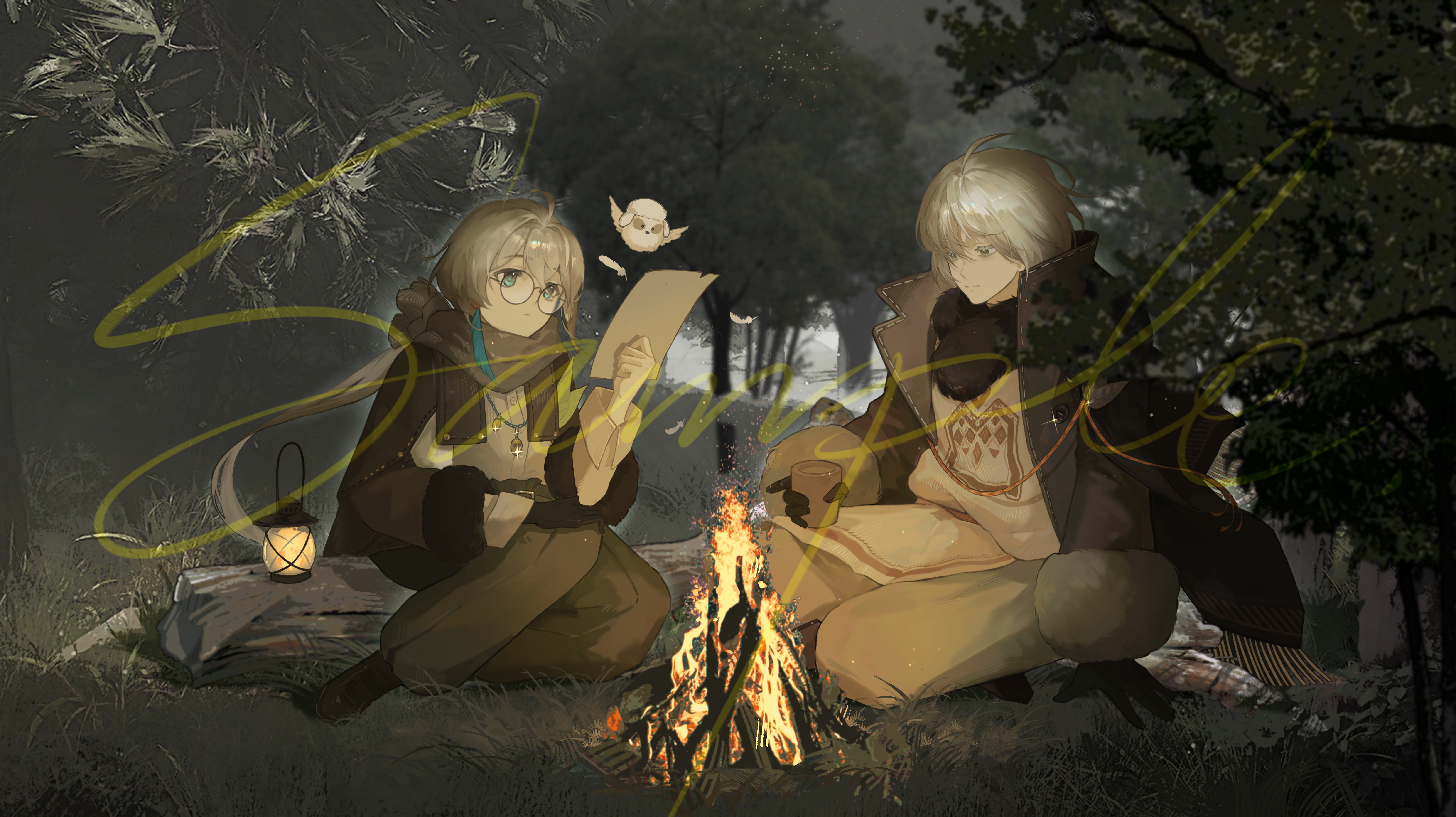 shenqi a hao, zima (reverse:1999), original, reverse:1999, absurdres, commentary request, commission, highres, 1boy, 1girl, bird, black gloves, blue eyes, brown hair, brown pants, brown scarf, brown shoes, brown sweater, campfire, cup, forest, full body, glasses, gloves, holding, holding cup, holding paper, indian style, lantern, log, looking at another, nature, on grass, outdoors, pants, paper, reading, round eyewear, sample watermark, scarf, shirt, shoes, short hair, sitting, sitting on log, sweater, tit (bird), tree, watermark, white shirt