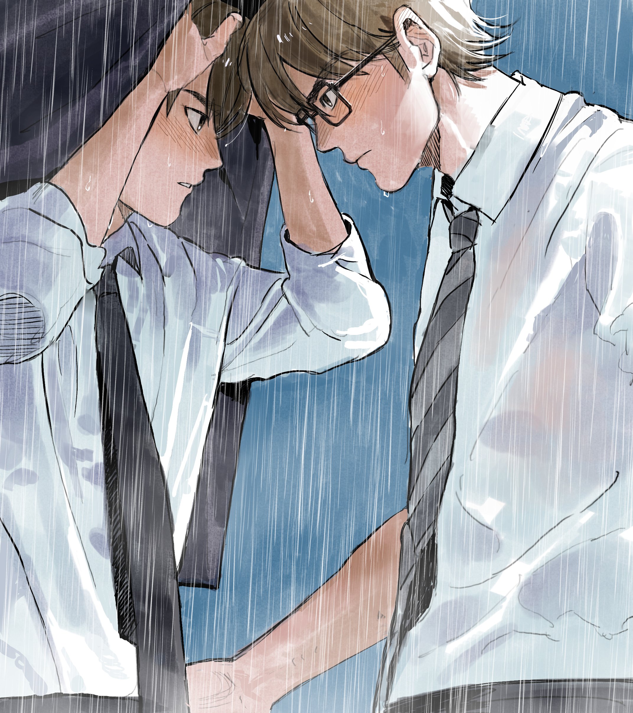miyuki kazuya, sawamura eijun, ace of diamond, absurdres, commentary request, highres, korean commentary, 2boys, black-framed eyewear, black necktie, black pants, blush, brown hair, collared shirt, diagonal-striped clothes, diagonal-striped necktie, eye contact, glasses, long sleeves, looking at another, male focus, multiple boys, necktie, nose blush, owwellowww, pants, parted lips, rain, rectangular eyewear, shirt, short hair, sideburns, sleeves pushed up, striped clothes, teeth, wet, white shirt, yaoi