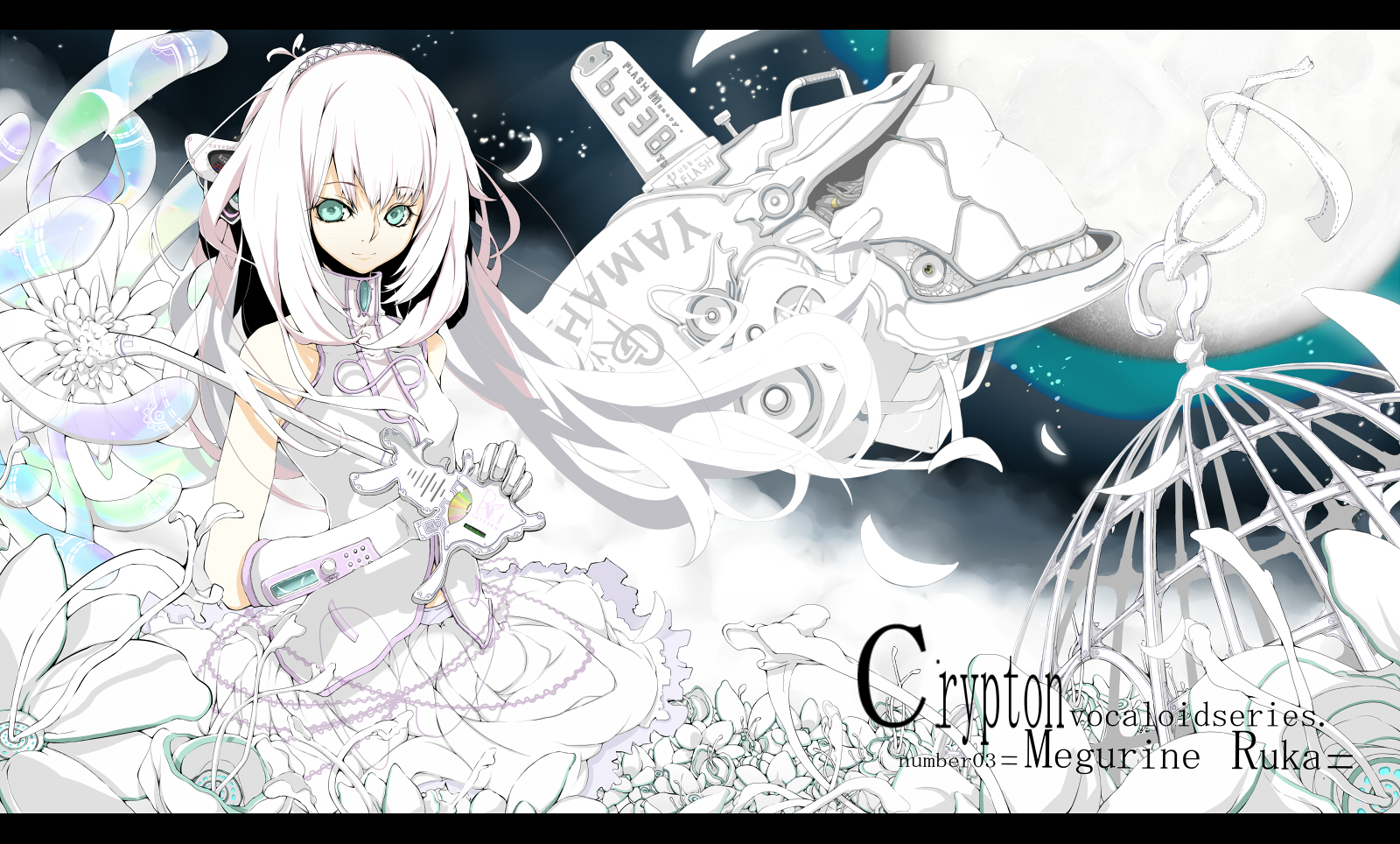 yume koreshiki, megurine luka, vocaloid, highres, 1girl, aqua eyes, cd, female focus, flower, gloves, long hair, moon, pink hair, smile, solo, space, spacecraft