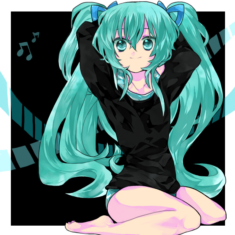 makino (sinobusan), hatsune miku, vocaloid, bad id, bad pixiv id, 1girl, adjusting hair, aqua hair, arms behind head, arms up, barefoot, blue eyes, female focus, hair ribbon, kneeling, long hair, panties, ribbon, smile, solo, twintails, underwear