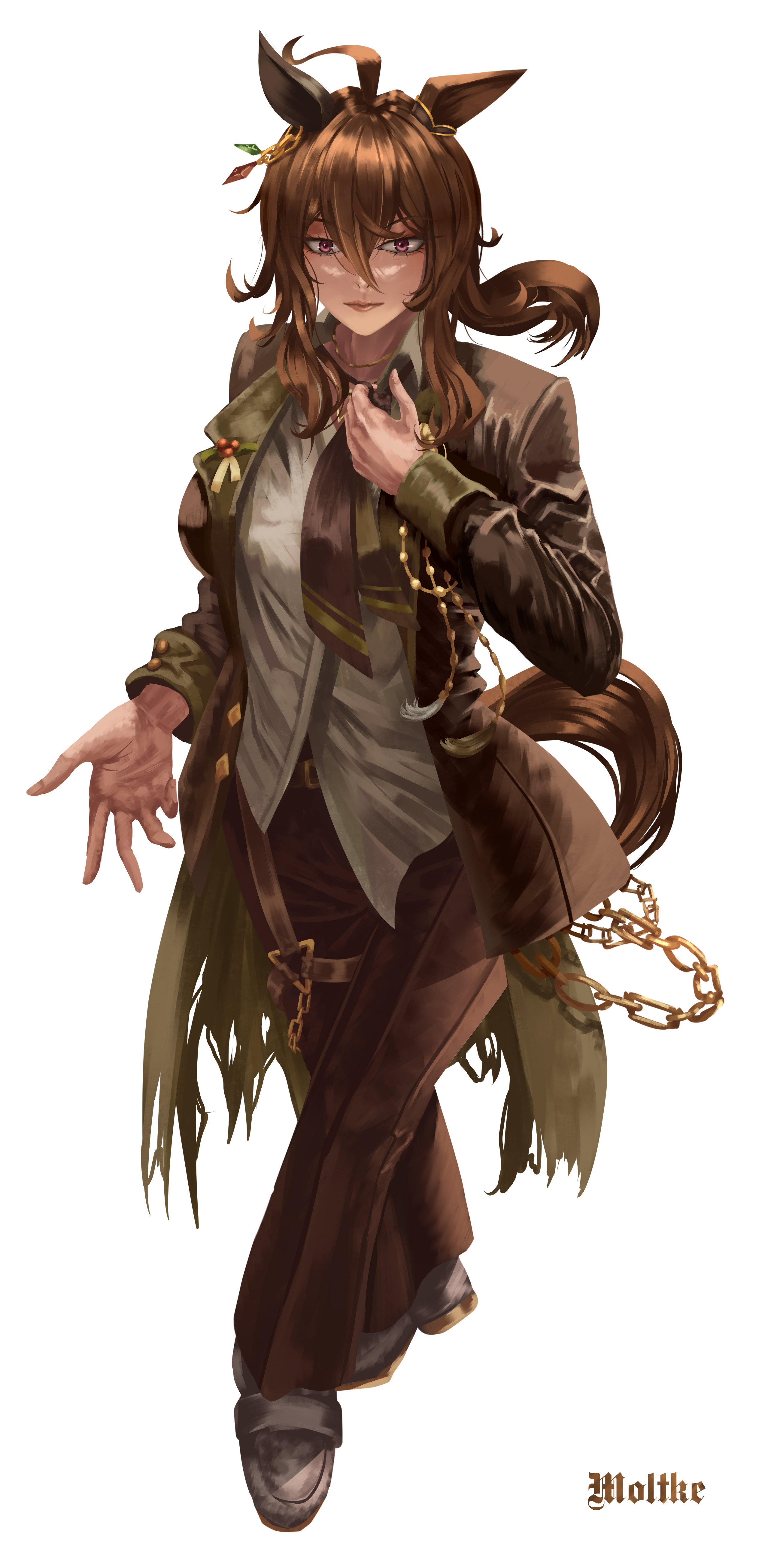 nakayama festa (festival game) (umamusume), nakayama festa (umamusume), umamusume, absurdres, commentary request, highres, 1girl, ahoge, animal ears, black necktie, black pants, breasts, brown hair, closed mouth, collared shirt, ear covers, full body, hair between eyes, horse ears, horse girl, horse tail, jacket, long hair, long sleeves, looking at viewer, moltke (moltke von), necktie, open clothes, open jacket, pants, purple eyes, shirt, shoes, simple background, single ear cover, smile, solo, tail, white background